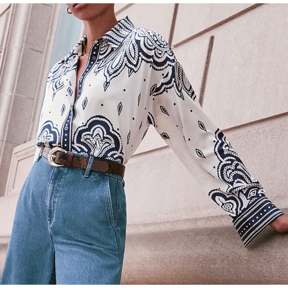 LOFT Paisley Everyday Tunic Shirt in Deep Space Blue Size Small